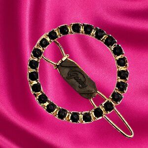Vintage Goody Black Rhinestone Circle Hair Barrette Gold-Tone Hair Slide
